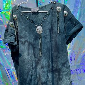 SHIPS FREE Southwestern Tunic  suede fringe concho concha mineral wash green XL